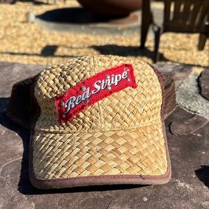 Red Stripe Straw Trucker Hat